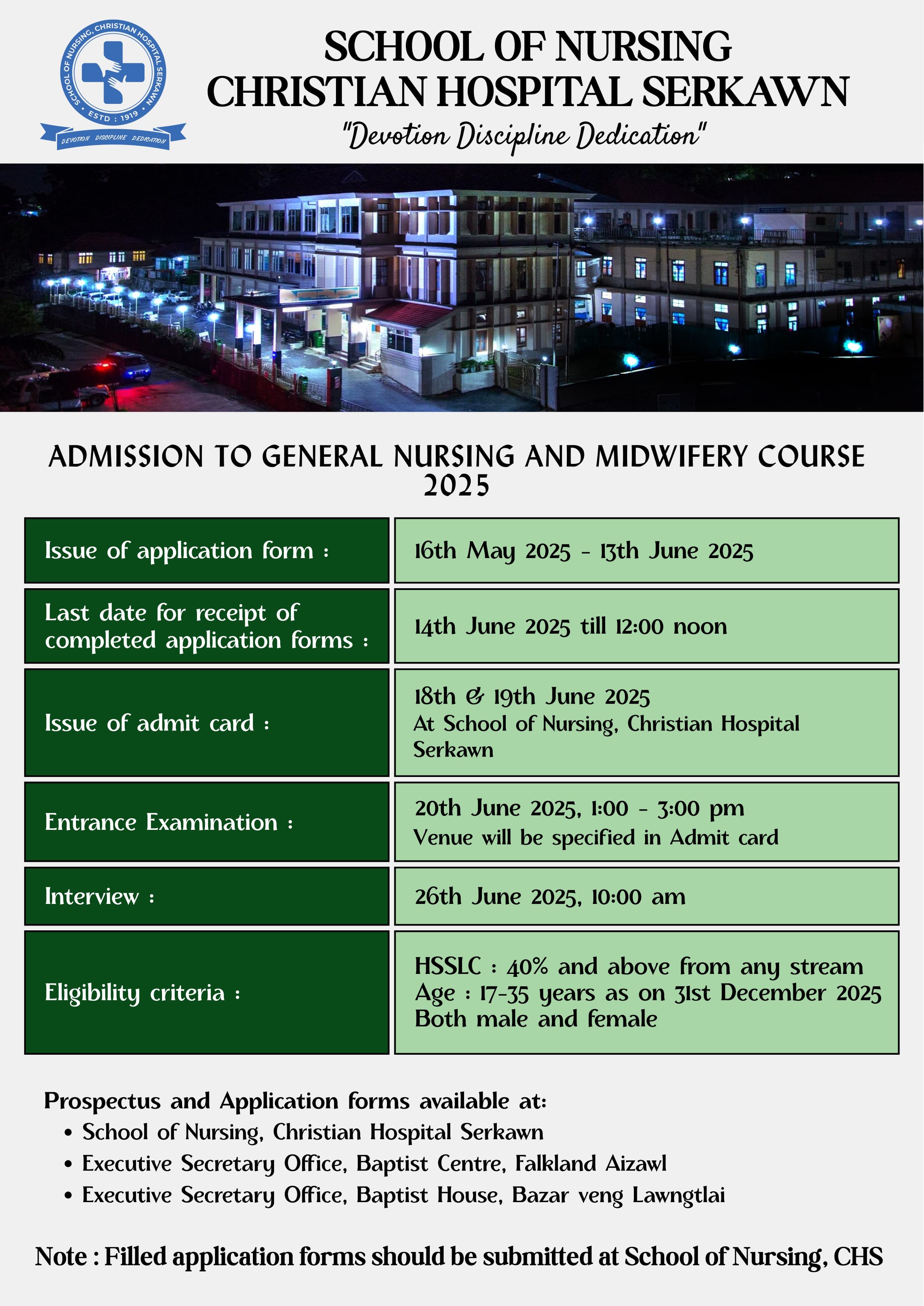 ADMISSION TO GENERAL NURSING AND MIDWIFERY COURSE 2025