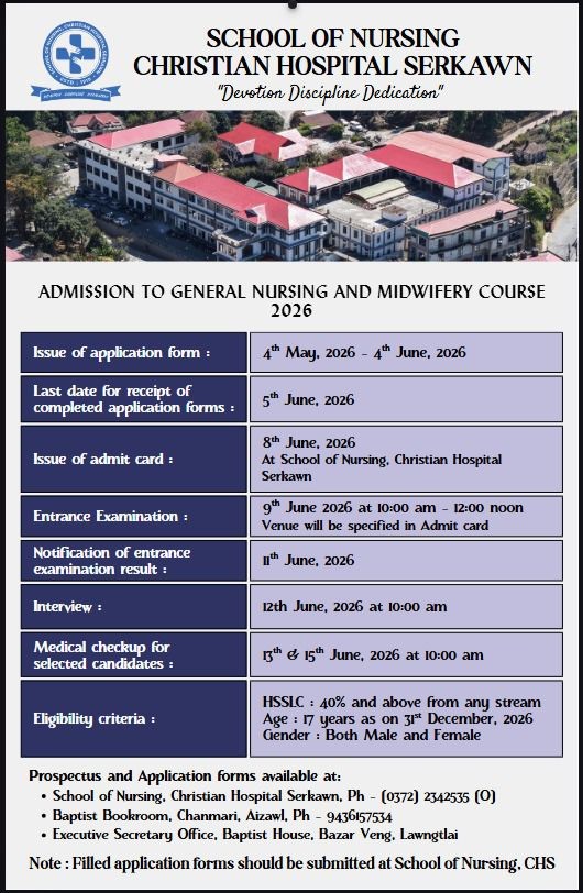 SCHOOL  OF  NURSING, CHRISTIAN  HOSPITAL  SERKAWN   ADMISSION NOTICE