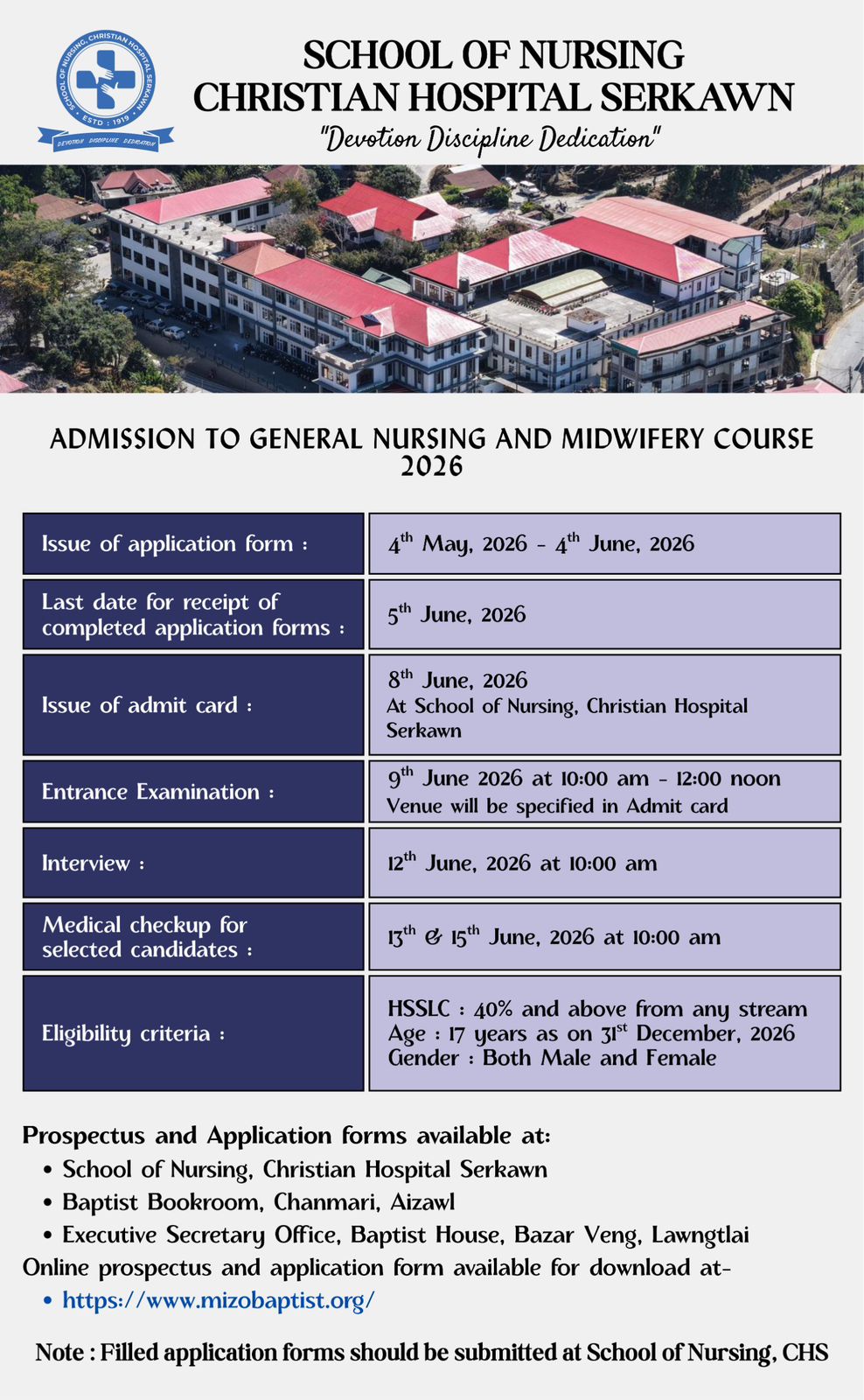 SCHOOL  OF  NURSING, CHRISTIAN  HOSPITAL  SERKAWN   ADMISSION NOTICE